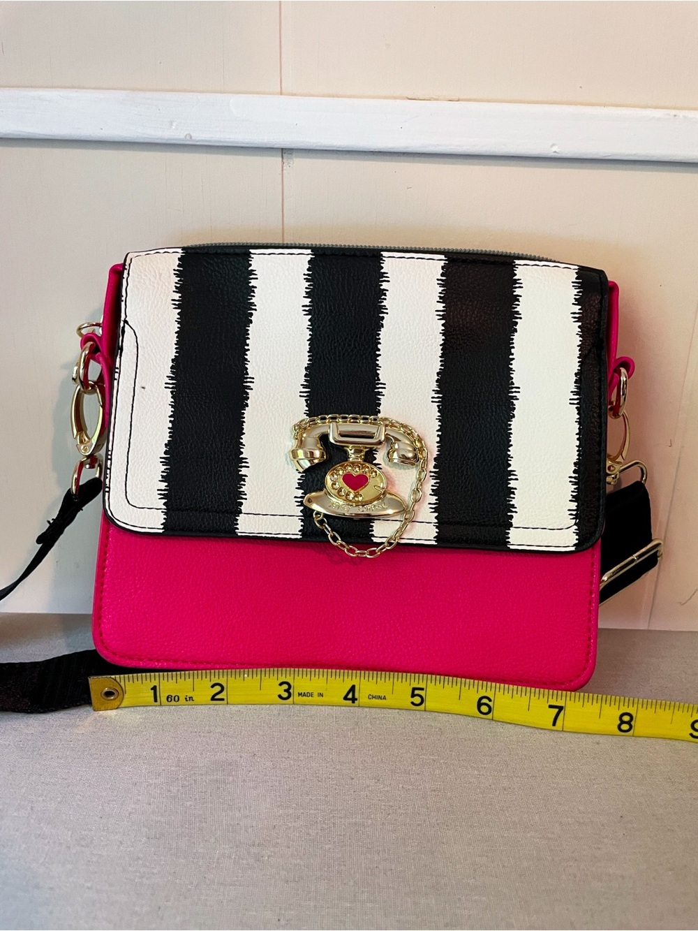 Betsey Johnson Pink Telephone B & W Stripe Bag Adjustable Strap Crossbody - Picture 11 of 16